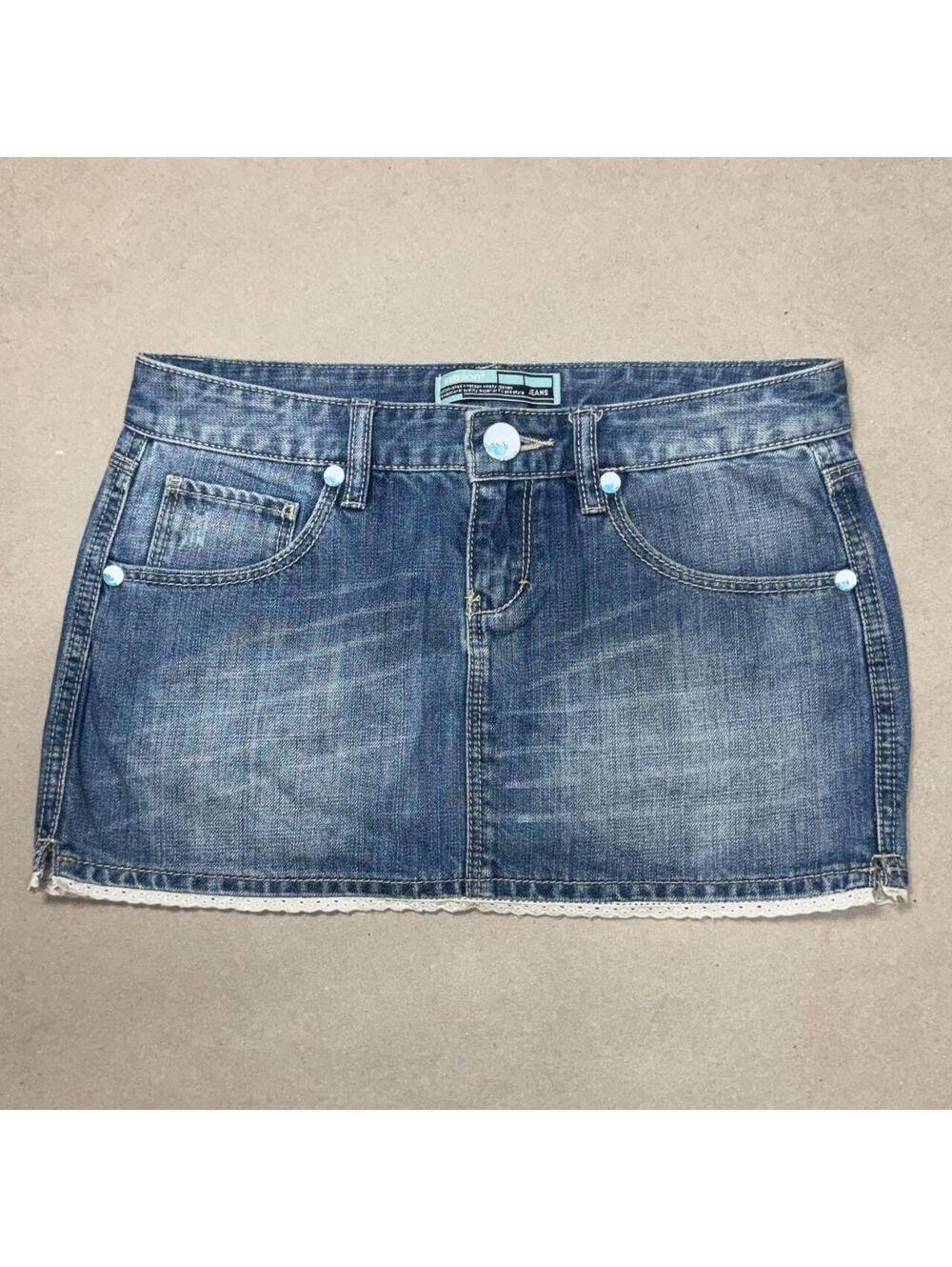 Vintage Y2K Denim Micro Mini Skirt Low Rise Faded With Lace Hem